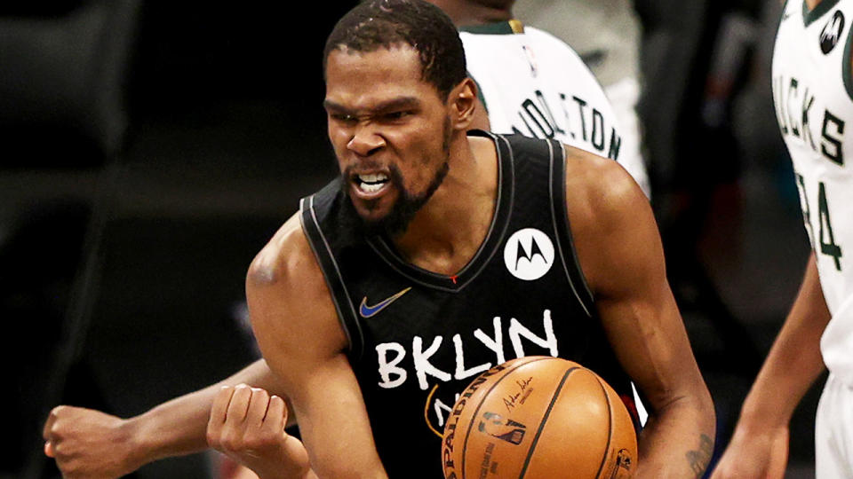 Kevin Durant celebrates as the Brooklyn Nets defeat the Milwaukee Bucks in game five of the Eastern Conference semi-finals.