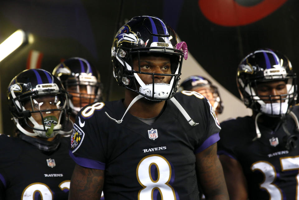 Baltimore Ravens quarterback Lamar Jackson (8) led a touchdown on the first drive of his first start. (AP)