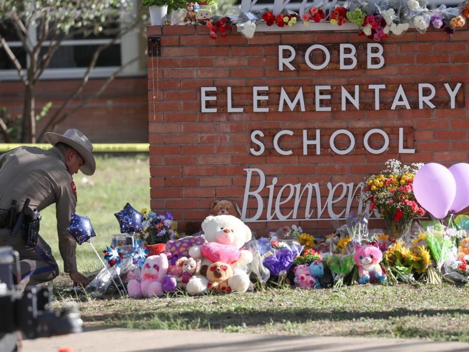 A view from the makeshift memorial in front of Robb Elementary School in Uvalde, Texas, on May 25, 2022.