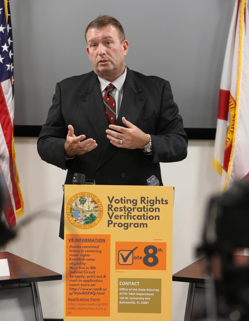 Brian Kramer, the state attorney for the 8th Judicial Circuit, talks about a new Voter Rights Restoration Verification Program created by his office during a press conference at the State Attorney's Office in Gainesville on May 17. The program hopes to help individuals who have a felony and have tried to get their voting rights restored.