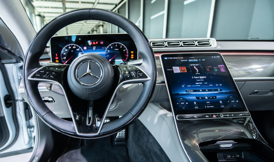 Screens have gained prominence in the interiors of new cars and in many cases have replaced physical buttons, as seen in this Mercedes-Benz S-Class.  (Photo: Silas Stein/Picture Alliance via Getty Images)