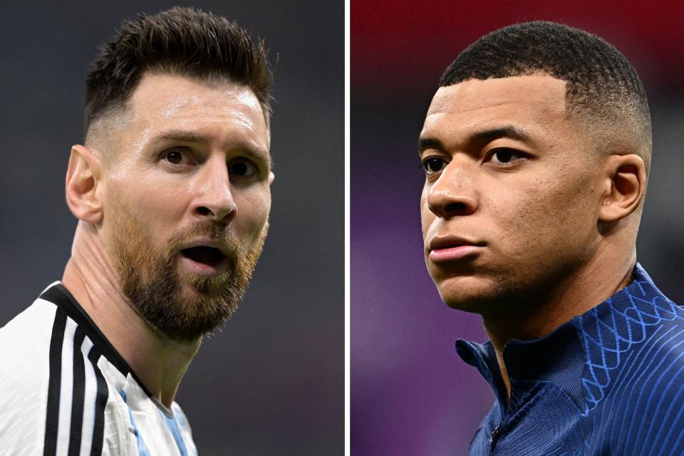 (COMBO) This combination photo created on December 15, 2022 during the Qatar 2022 World Cup football tournament shows Argentina's forward #10 Lionel Messi (L) in Al-Rayyan, west of Doha on December 3, 2022 and France's forward #10 Kylian Mbappe in Al Khor, north of Doha on December 14, 2022. - Argentina will play France in the Qatar 2022 World Cup football final match in Doha on December 18, 2022. (Photo by Juan MABROMATA and Gabriel BOUYS / AFP) (Photo by JUAN MABROMATA,GABRIEL BOUYS/AFP via Getty Images)