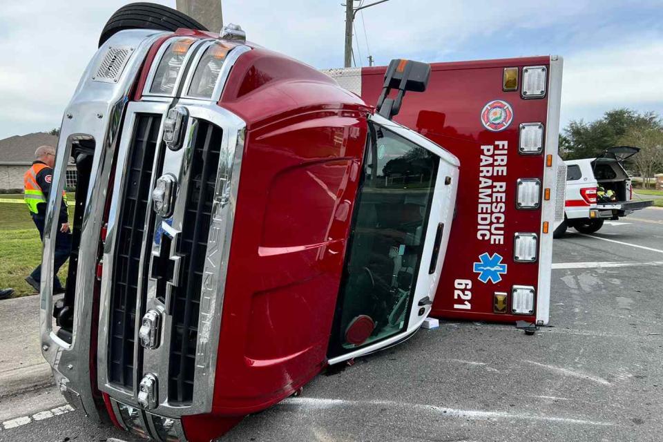 <p>Marion County Fire Rescue/Facebook</p> MCFR ambulance that was hit by a bus and truck on Tuesday