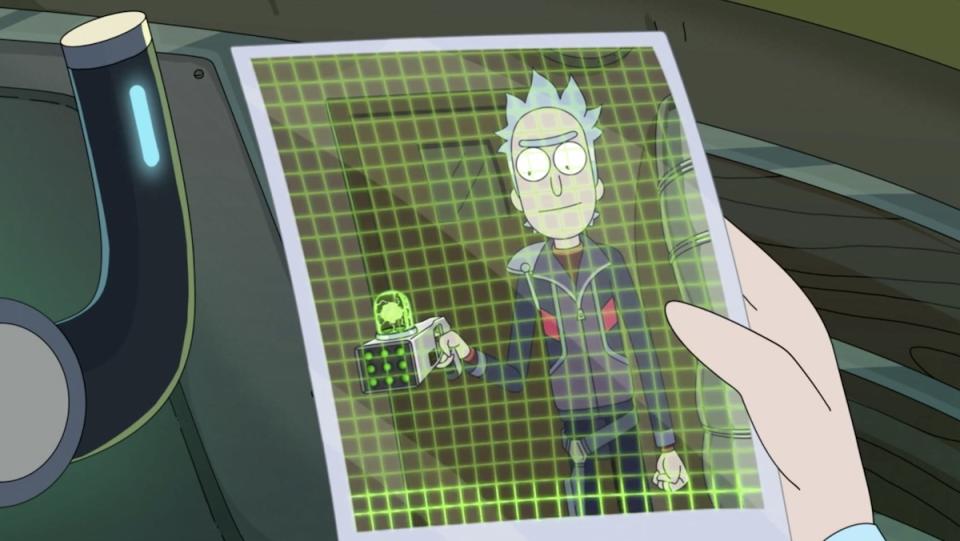 A green scanned image of a Rick in a black tactical suit holding a portal gun