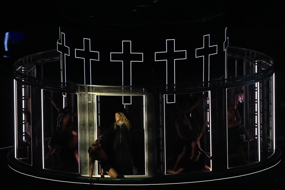 RIO DE JANEIRO, BRAZIL - MAY 04: American singer Madonna performs on stage during a massive free show to close "The Celebration Tour" at Copacabana Beach on May 04, 2024 in Rio de Janeiro, Brazil. (Photo by Buda Mendes/Getty Images)