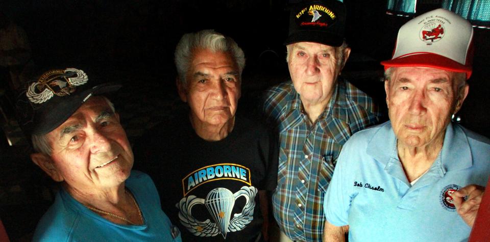 D-Day veterans Maynard L. "Beamy" Beamesderfer, left, Angel Romero, Art Johnson and Robert "Bob" Chisolm commemorated the 68th anniversary of the historic allied landing on the Normandy coast on June 6, 2012. Collectively, the four men earned 14 purple heart medals during the Normandy Campaign.