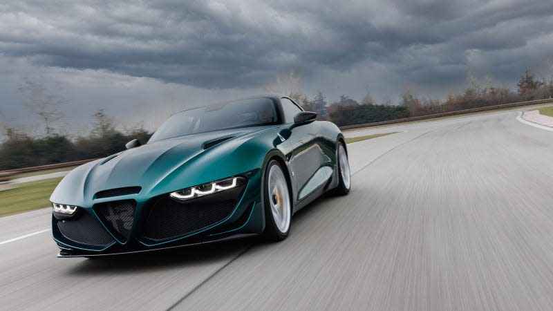 A photo of the front quarter on the dark green Alfa Romeo Giulia SWB Zagato. 