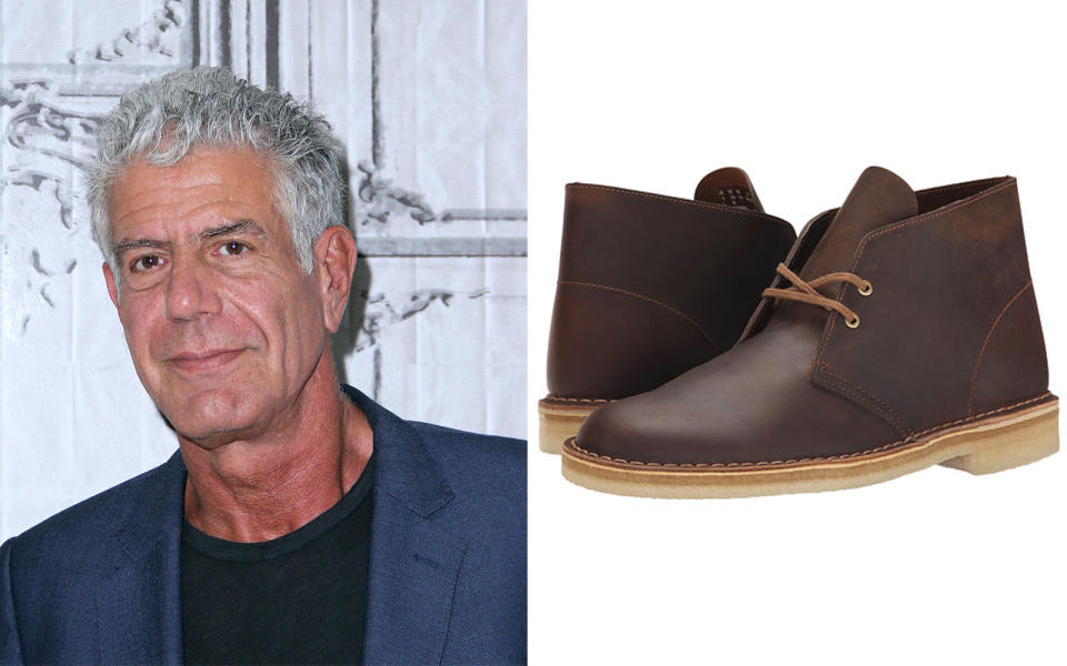 <p>If it’s one thing Anthony Bourdain won’t travel without, it’s his suede <a rel="nofollow noopener" href="http://www.anrdoezrs.net/links/7876402/type/dlg/sid/TLFASsheG1CS11_ComfyCelebShoesMay17/http://www.clarksusa.com/us/mens/mens-boots/mens-desert-boots/desert-boot-beeswax/p/261065627070" target="_blank" data-ylk="slk:Clarks Desert Boots;elm:context_link;itc:0;sec:content-canvas" class="link ">Clarks Desert Boots</a>. According to the famous TV personality and chef, these boots are great for airport security and are super comfortable to walk in. We’ll take your word for it, Anthony.</p> <p><strong>To buy:</strong> <a rel="nofollow noopener" href="http://www.anrdoezrs.net/links/7876402/type/dlg/sid/TLFASsheG1CS11_ComfyCelebShoesMay17/http://www.clarksusa.com/us/mens/mens-boots/mens-desert-boots/desert-boot-beeswax/p/261065627070" target="_blank" data-ylk="slk:clarks.com;elm:context_link;itc:0;sec:content-canvas" class="link ">clarks.com</a>, $130</p>