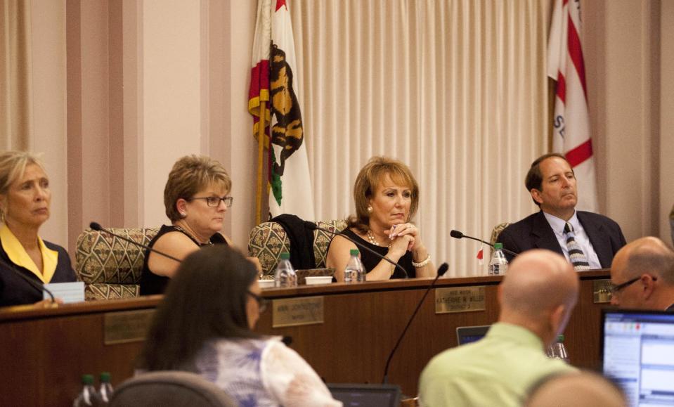 Members of the Stockton City Council listen to citizen statements Tuesday, June 26, 2012, in Stockton, Calif. Stockton officials continue to grapple with the city's financial plight, struggling to restructure millions of dollars of debt threatening to turn the city with the nation's second highest foreclosure rate into the largest American city to file for bankruptcy. (AP Photo/Ben Margot)