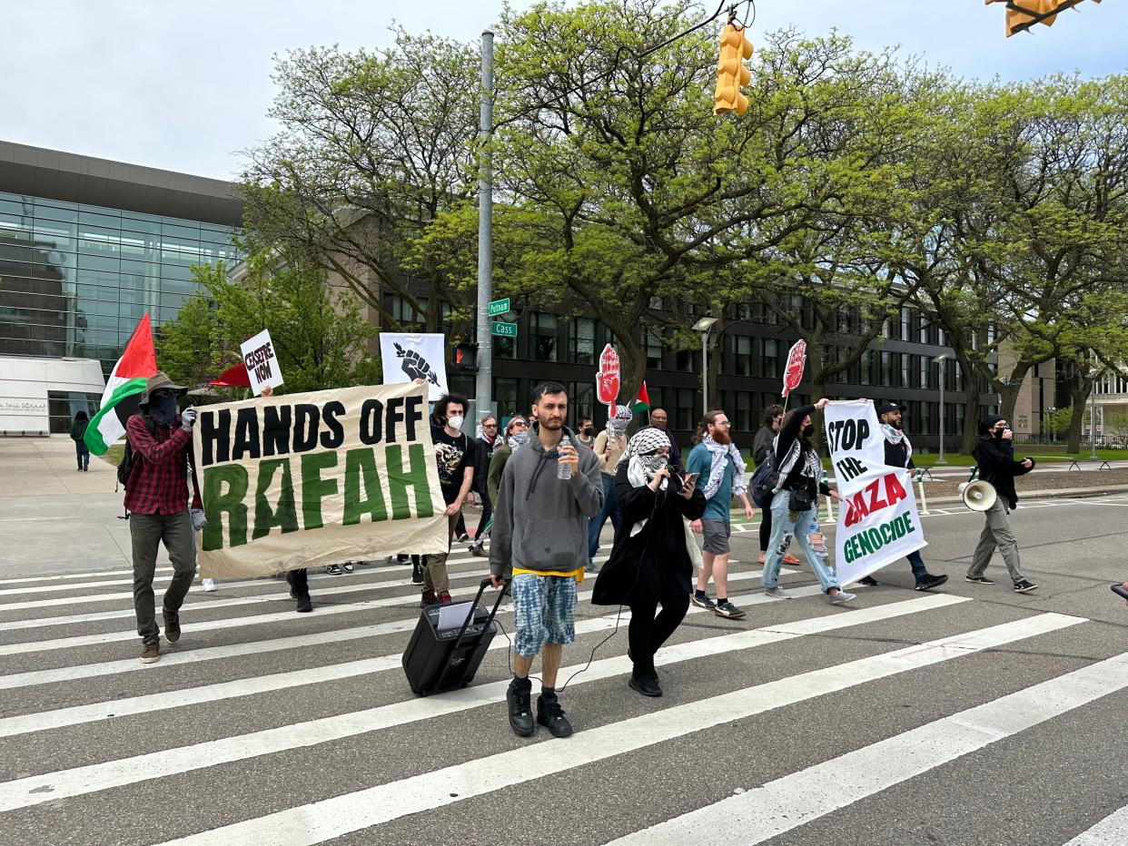 Protesters call for a “Free Palestine” during Vice President Kamala Harris’ visit to Detroit. Protesters kicked off speeches at the Purdy Kresge Library and marched to the Wright Museum demanding a cease-fire.