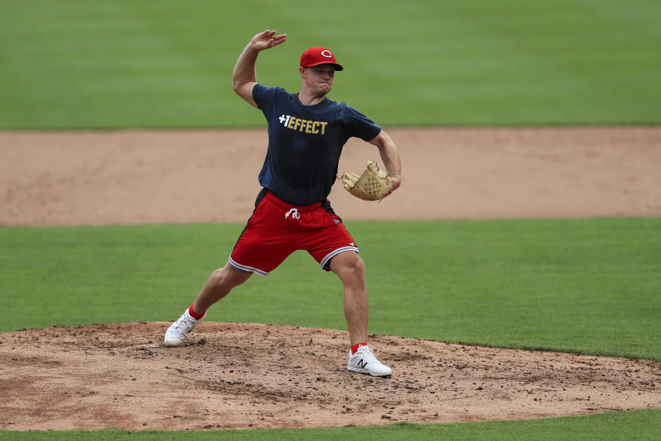 Cincinnati Reds' Sonny Gray participates in baseball practice at Great American Ballpark in Cincinnati, Wednesday, July 8, 2020. (AP Photo/Aaron Doster)