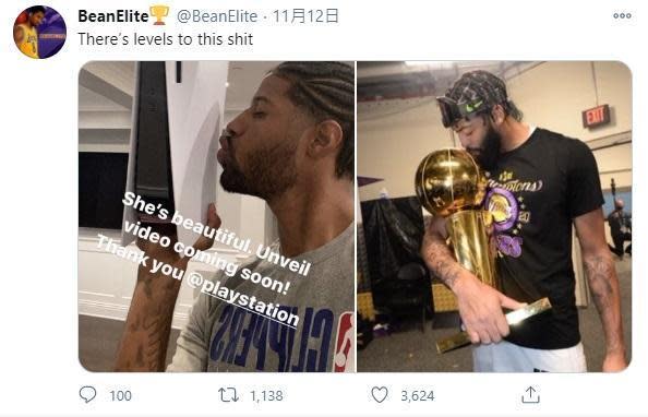 網友諷刺快艇隊球星Paul George（左）親吻PS5，右為湖人球星Anthony Davis。（翻攝twitter＠BeanElite）