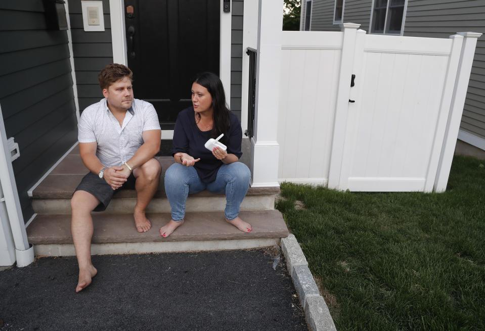 Barth and Rosa Bazyluk talk about their time living at the Austin Nichols house, a rent-stabilized apartment building in Brooklyn, while sitting outside their home July 5, 2018, in West Harrison, N.Y. Despite seven years in the apartment, the Bazyluks moved to West Harrison after the building was bought by the Kushner Cos. An Associated Press investigation into one of the Kushner Cos.’ largest residential buildings in New York City reveals what some residents say was a campaign that used noisy construction to push rent-stabilized tenants out and bring high-paying condo buyers in. More than a dozen tenants told the AP that they were subjected to relentless banging, drilling, dust and rats. “They won, they succeeded,” says Barth Bazyluk, who left apartment C606 with his wife and baby daughter in December. “You have to be ignorant or dumb to think this wasn’t deliberate.”  (AP Photo/Julie Jacobson)