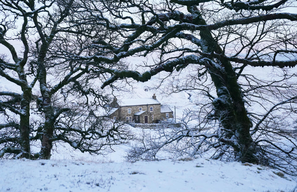 A snow covered cottage near Carrshield in Northumberland. Picture date: Tuesday March 14, 2023. (Photo by Owen Humphreys/PA Images via Getty Images)