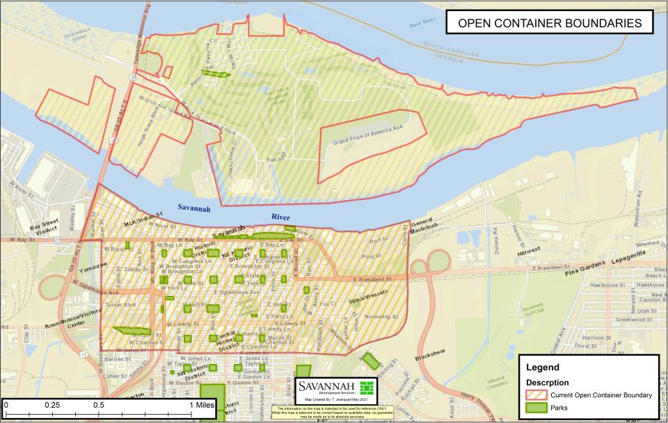 Savannah's current open container ordinance zone. Within the zone, a 16-ounce plastic cup containing an alcoholic beverage can be carried in public.