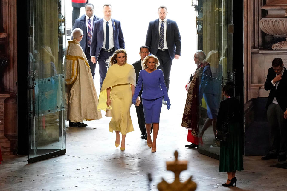 First Lady of the United States, Jill Biden, and her granddaughter Finnegan Biden arrive at Westminster Abbey.<span class="copyright">Andrew Matthews—WPA Pool/Getty Images</span>