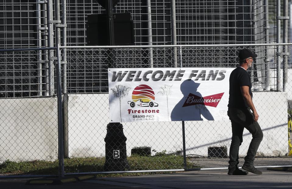 The areas around the track and grandstands are nearly empty at the IndyCar Grand Prix of St. Petersburg, Friday, March 13, 2020 in St. Petersburg. NASCAR and IndyCar have postponed their weekend schedules at Atlanta Motor Speedway and St. Petersburg, due to concerns over the COVID-19 pandemic. (Dirk Shadd/Tampa Bay Times via AP)