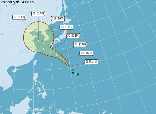第5號颱風桑達今晚生成，氣象局預估未來路徑將往上海一帶移動。（氣象局）