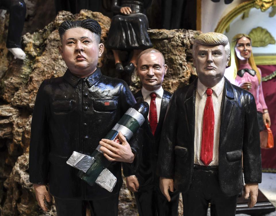 Dolls of Kim Jong Un – with rocket – and Donald Trump on sale (Rex)