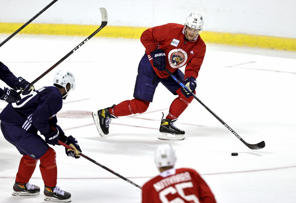 Florida Panthers center Aleksander Barkov (16) in action during training camp in preparation for the 2021-22 NHL season at the FLA Live Arena on Thursday, September 23, 2021 in Sunrise, Florida.(David Santiago/Miami Herald via AP)