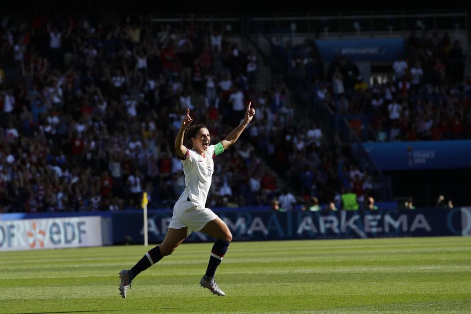 The United States' Carli Lloyd celebrates after scoring during a 2019 World Cup match.