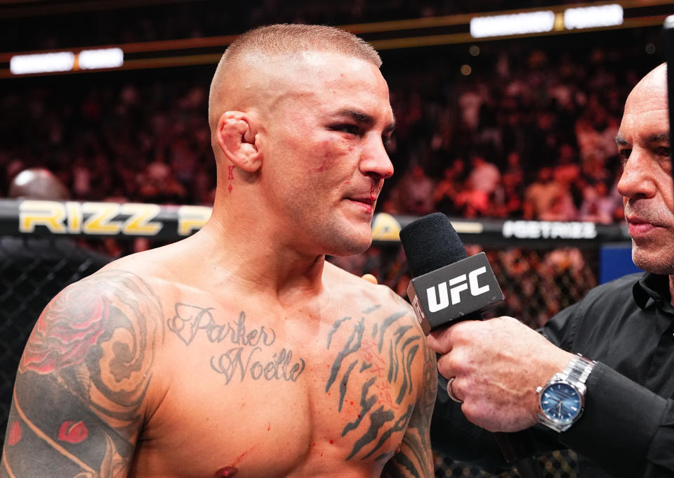 NEWARK, NEW JERSEY - JUNE 01: Dustin Poirier reacts after his submission loss against Islam Makhachev of Russia in the UFC lightweight championship fight during the UFC 302 event at Prudential Center on June 01, 2024 in Newark, New Jersey. (Photo by Jeff Bottari/Zuffa LLC via Getty Images)