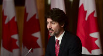 Canadian Prime Minister Justin Trudeau holds a press conference in Ottawa, Ontario, on Friday, Feb. 26, 2021, to provide an update on the COVID-19 pandemic and vaccine roll-out in Canada. (Sean Kilpatrick/The Canadian Press via AP)