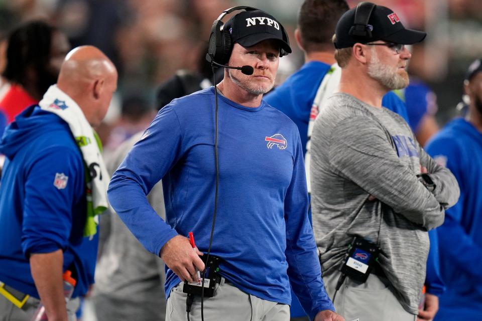 Buffalo Bills head coach Sean McDermott watches play against the New York Jets during the second quarter of an NFL football game, Monday, Sept. 11, 2023, in East Rutherford, N.J. (AP Photo/Seth Wenig)