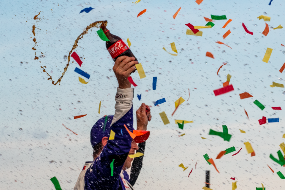 Denny Hamlin celebrated his Pocono win last year ... for a while.