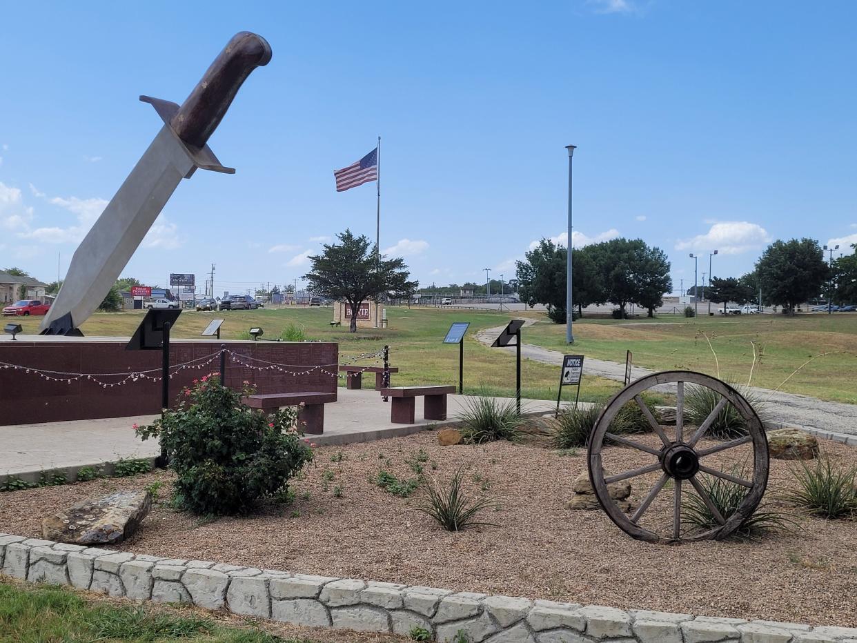 The Bowie knife art piece seen in Bowie, Aug. 5, 2023, holds the Guinness World Record as the "largest Bowie knife."