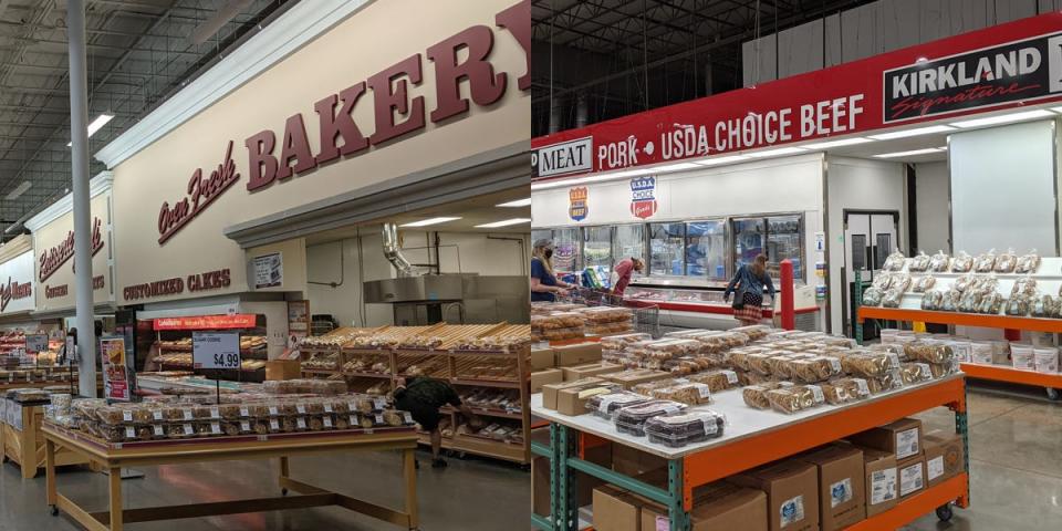 70s-style "Bakery" sings at BJ's and bright red "Meat" signs at Costco