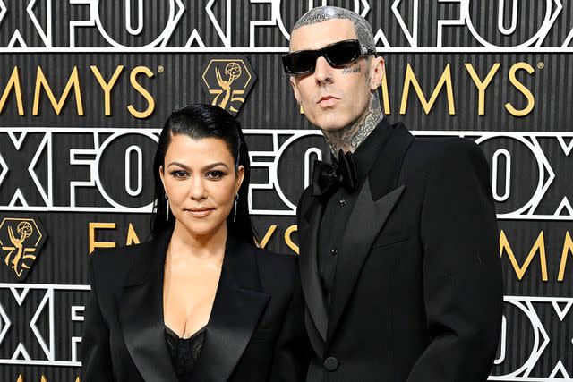 <p>Gilbert Flores/Variety via Getty</p> Kourtney Kardashian (left) and Travis Barker (right) at the 75th Primetime Emmy Awards held at the Peacock Theater on January 15, 2024 in Los Angeles, California.