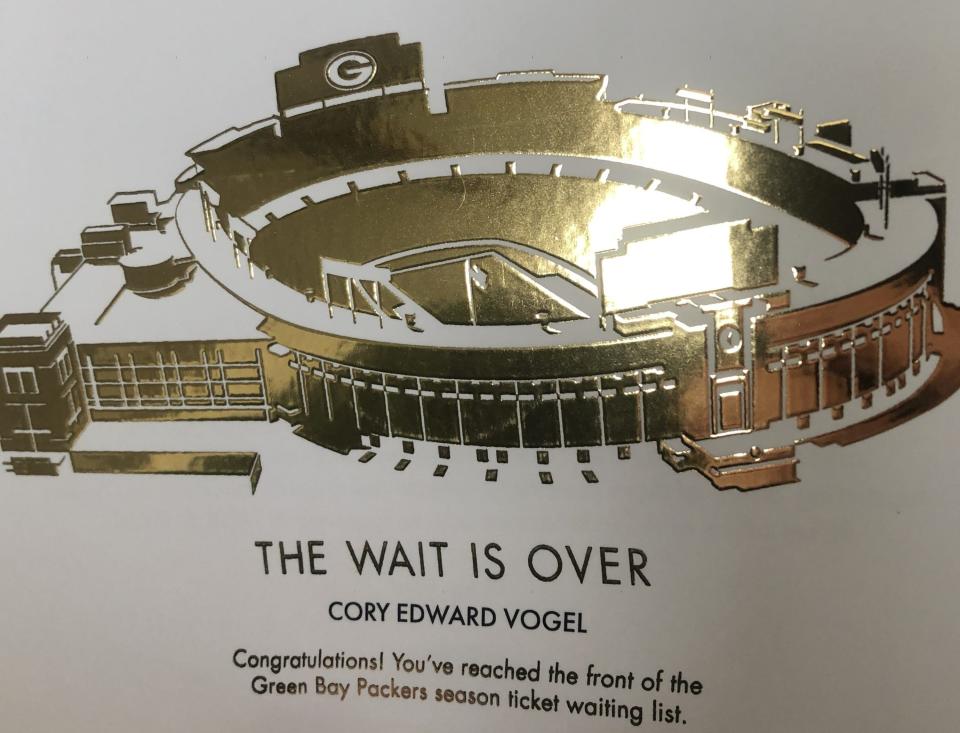 The Green Bay Packers send this golden ticket to fans on the season ticket waiting list when their opportunity to purchase tickets finally comes up. The wait is several decades.