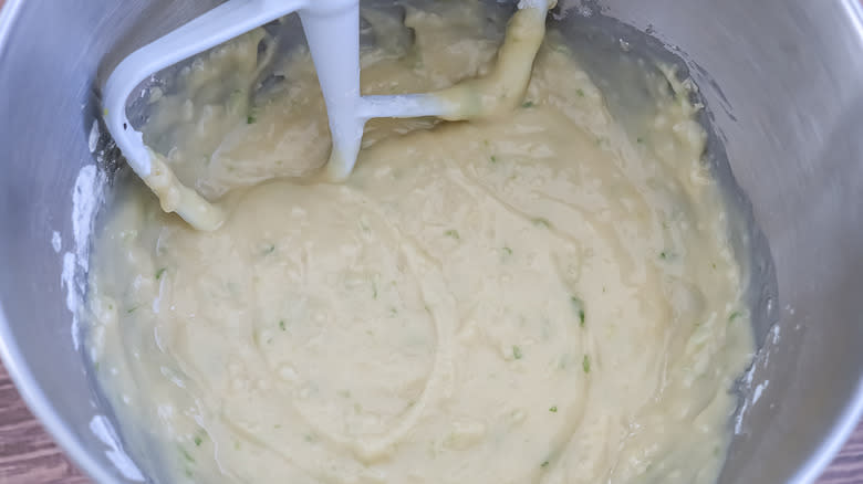 bowl of a stand mixer with spiked margarita cupcake batter