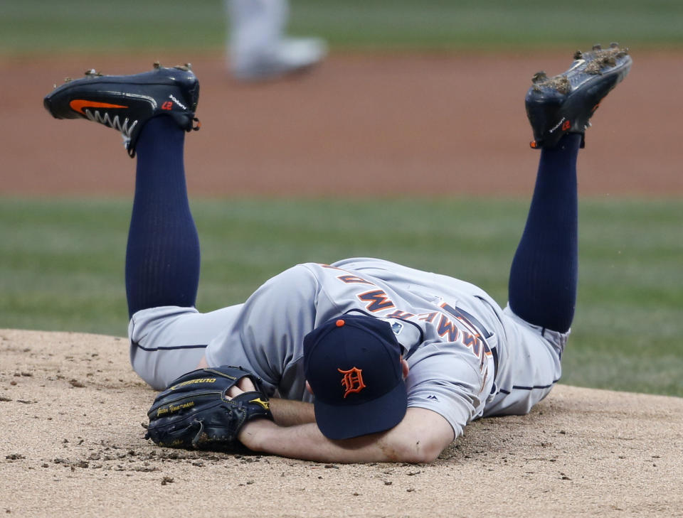 Detroit Tigers starting pitcher Jordan Zimmermann lays on the mound after getting hit by a line drive off the bat of Cleveland Indians' Jason Kipnis. (AP)