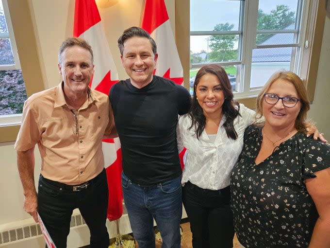 Jamie Fox tweeted this photo of himself with the federal Conservative leader when Pierre Poilievre visited P.E.I. in August. At right are Poilievre's wife Anaida Poilievre and Fox's wife Deborah Fox. 