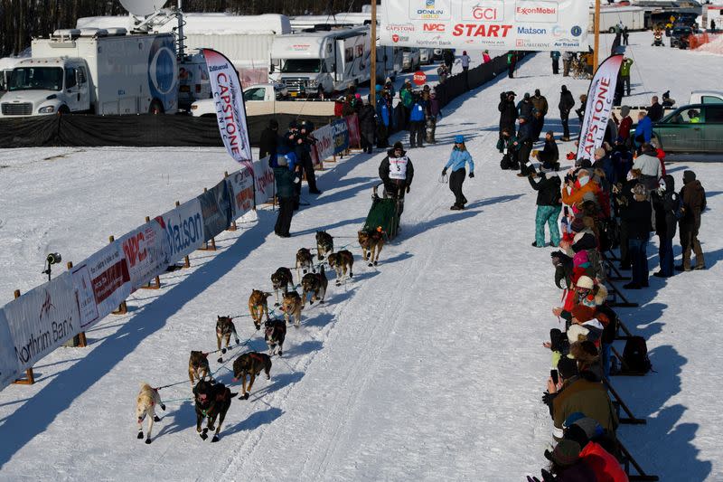 Jeremy Traska, a rookie from Two Rivers, leaves the Iditarod Sled Dog Race starting area