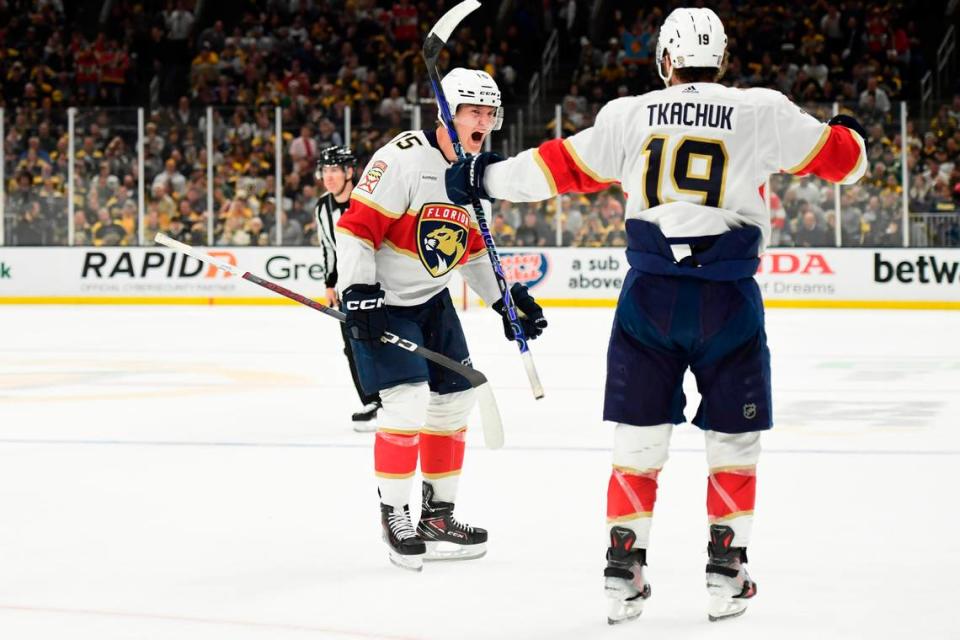 May 17, 2024; Boston, Massachusetts, USA; Florida Panthers center Anton Lundell (15) reacts with Florida Panthers left wing Matthew Tkachuk (19) after scoring a goal during the second period in game six of the second round of the 2024 Stanley Cup Playoffs against the Boston Bruins at TD Garden. Mandatory Credit: Bob DeChiara-USA TODAY Sports