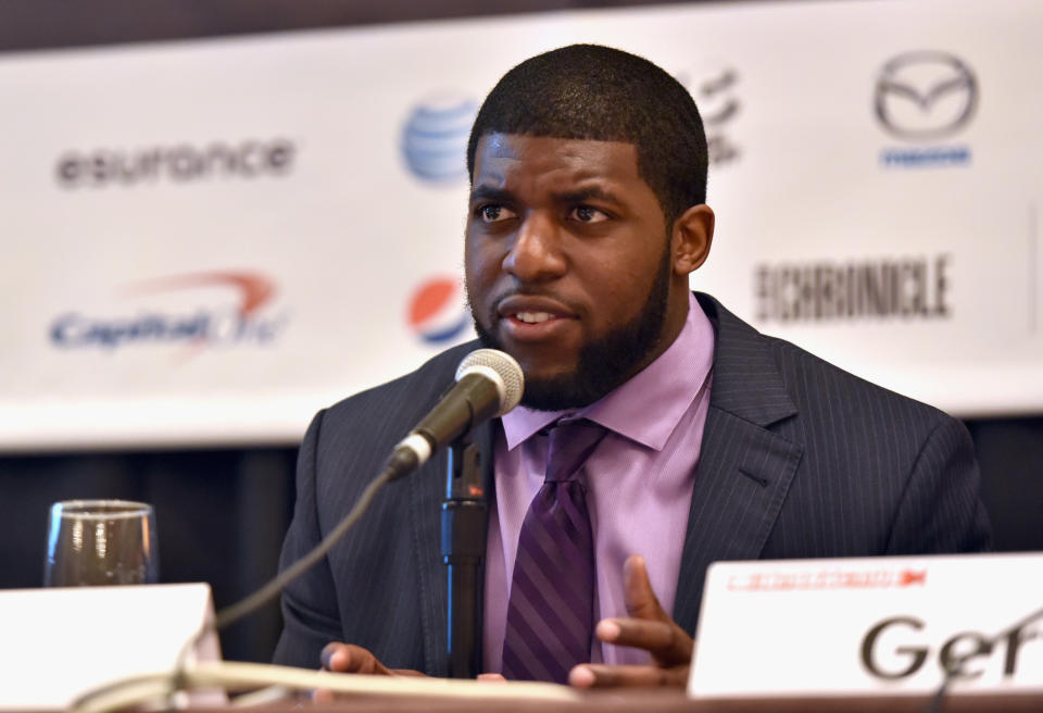 AUSTIN, TX - MARCH 13:  NFL player Emmanuel Acho speaks onstage at 'Problem Solvers: Compensating College Athletes for Their Likeness' during the 2015 SXSW Music, Film + Interactive Festival at Four Seasons Hotel on March 13, 2015 in Austin, Texas.  (Photo by Amy E. Price/Getty Images for SXSW)