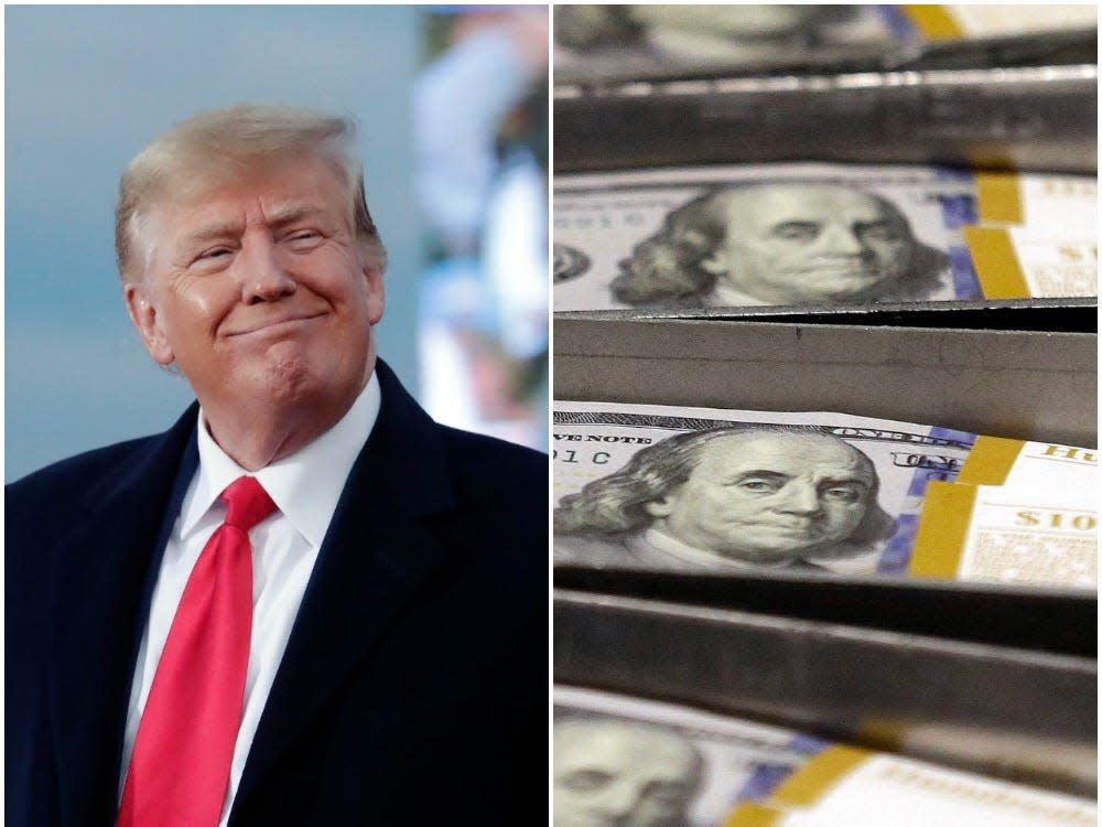 Former President Donald Trump smiles as he speaks at a rally in Selma, NC, on April 9, 2022, left. A stack of $100 bills, right.