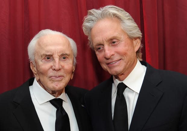 Kirk Douglas and actor Michael Douglas attend SBIFF's 2011 Kirk Douglas Award for Excellence In Film honoring Michael Douglas at the Biltmore Four Seasons on Oct. 13, 2011, in Santa Barbara, California.<p><a href="https://www.gettyimages.com/detail/129202086" rel="nofollow noopener" target="_blank" data-ylk="slk:Michael Buckner/Getty Images;elm:context_link;itc:0;sec:content-canvas" class="link ">Michael Buckner/Getty Images</a></p>