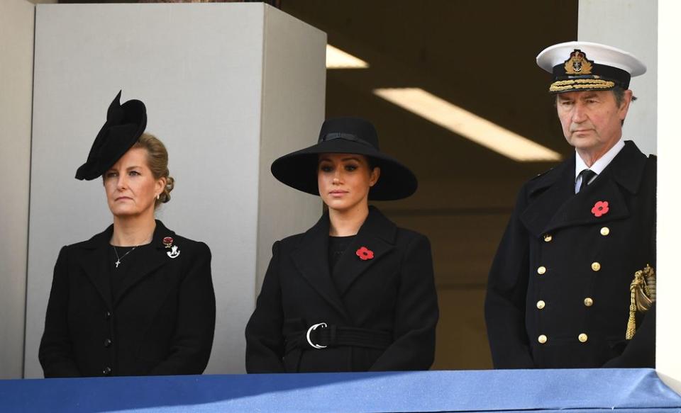 The Countess of Wessex, Meghan Markle and Vice Admiral Sir Timothy Laurence   | Kirsty O'Connor/PA Images via Getty Images