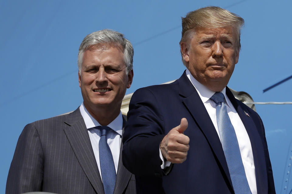 President Donald Trump and Robert O'Brien, just named as the new national security adviser, board Air Force One at Los Angeles International Airport, Wednesday, Sept. 18, 2019, in Los Angeles. (AP Photo/Evan Vucci)