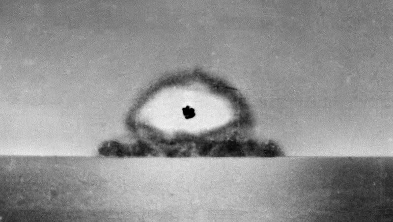 This photo, made by a U.S. Army automatic newsreel camera, shows the test explosion of the world’s first atomic bomb at Alamagordo, N.M., on July 16, 1945. The test, known as Trinity, of the plutonium bomb capped a $2 billion effort, unprecedented in those times.