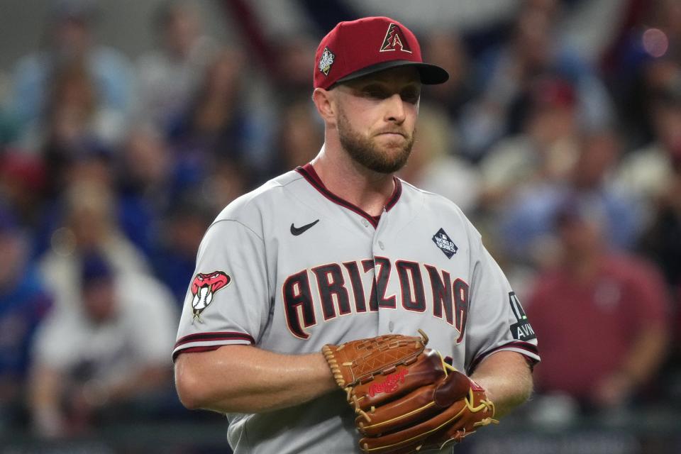 Arizona Diamondbacks starting pitcher Merrill Kelly (29) looks on against the Texas Rangers during the first inning in game two of the 2023 World Series at Globe Life Field on Oct. 28, 2023, Arlington, Texas.