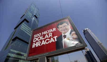 An election billboard with a picture of Turkish Prime Minister Ahmet Davutoglu and a slogan reads that: " 500 Billion Dollars Export" is pictured in Istanbul's financial district of Levent, Turkey, May 25, 2015. REUTERS/Murad Sezer