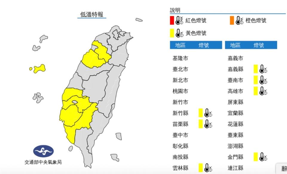 7縣市低溫特報。（圖／中央氣象局）