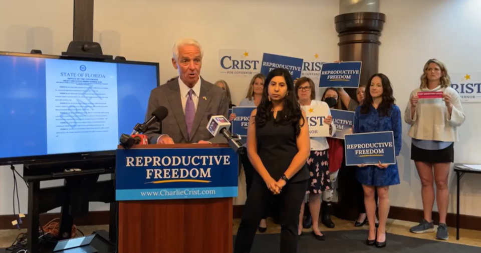 Charlie Crist, a leading Democratic candidate for governor, announces his plan for an executive order affirming women's rights to abortion. Crist spoke at a news conference in Orlando on Friday, May 20, 2022.