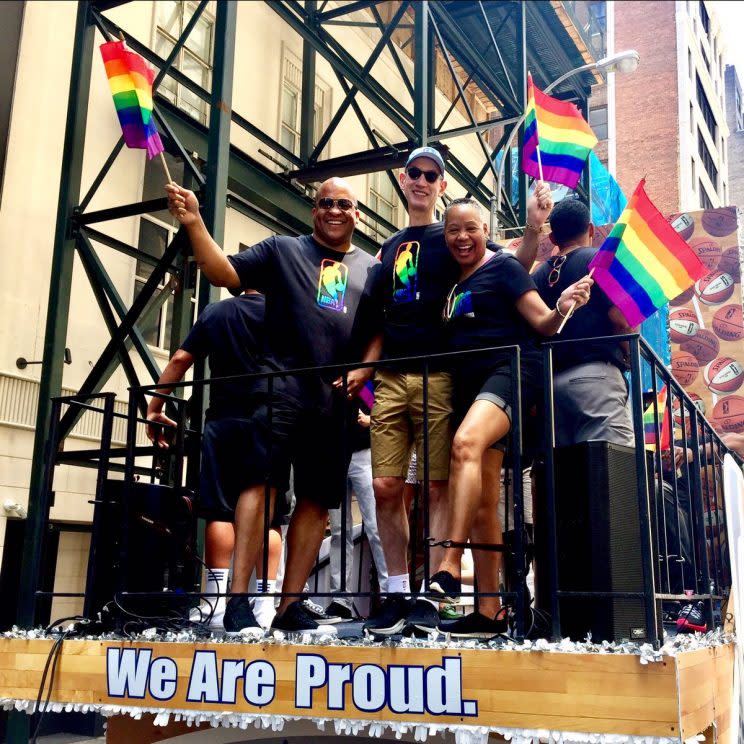 NBA commissioner Adam Silver and WNBA president Lisa Borders were among the leaders on the Pride float. (@nbacares)