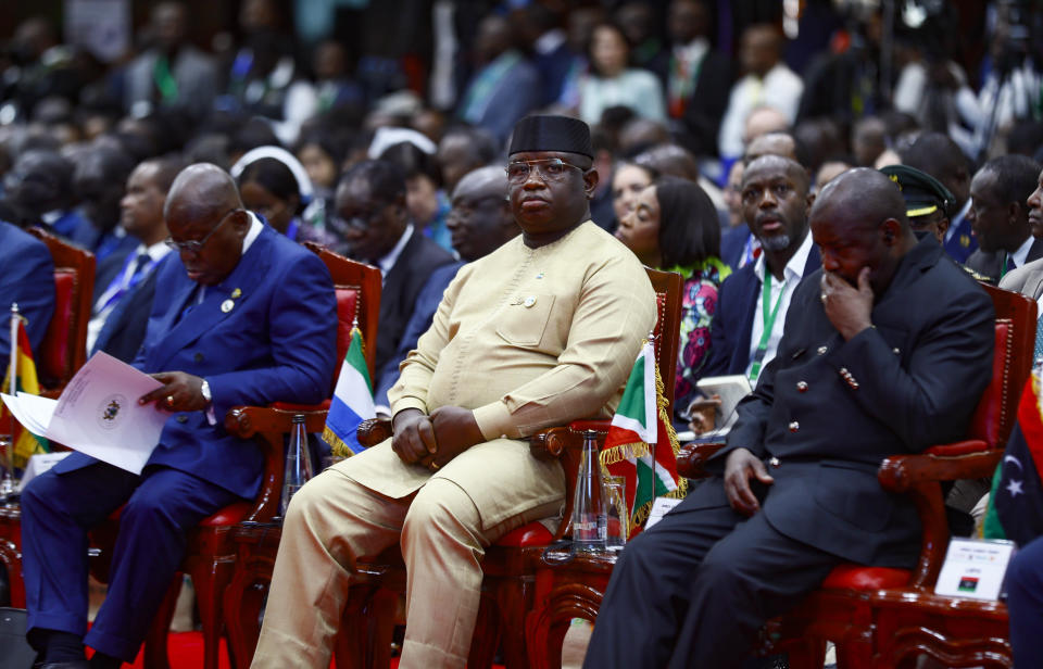 President of Sierra Leone Julius Maada Bio, center, attends the Africa Climate Summit at the Kenyatta International Conference Centre in Nairobi, Kenya, Tuesday, Sept. 5, 2023. (AP Photo/Brian Inganga)